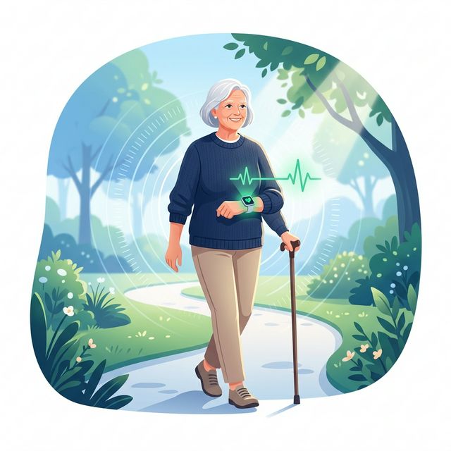 Adulto mayor caminando con seguridad, monitoreado por tecnología Drakos Care